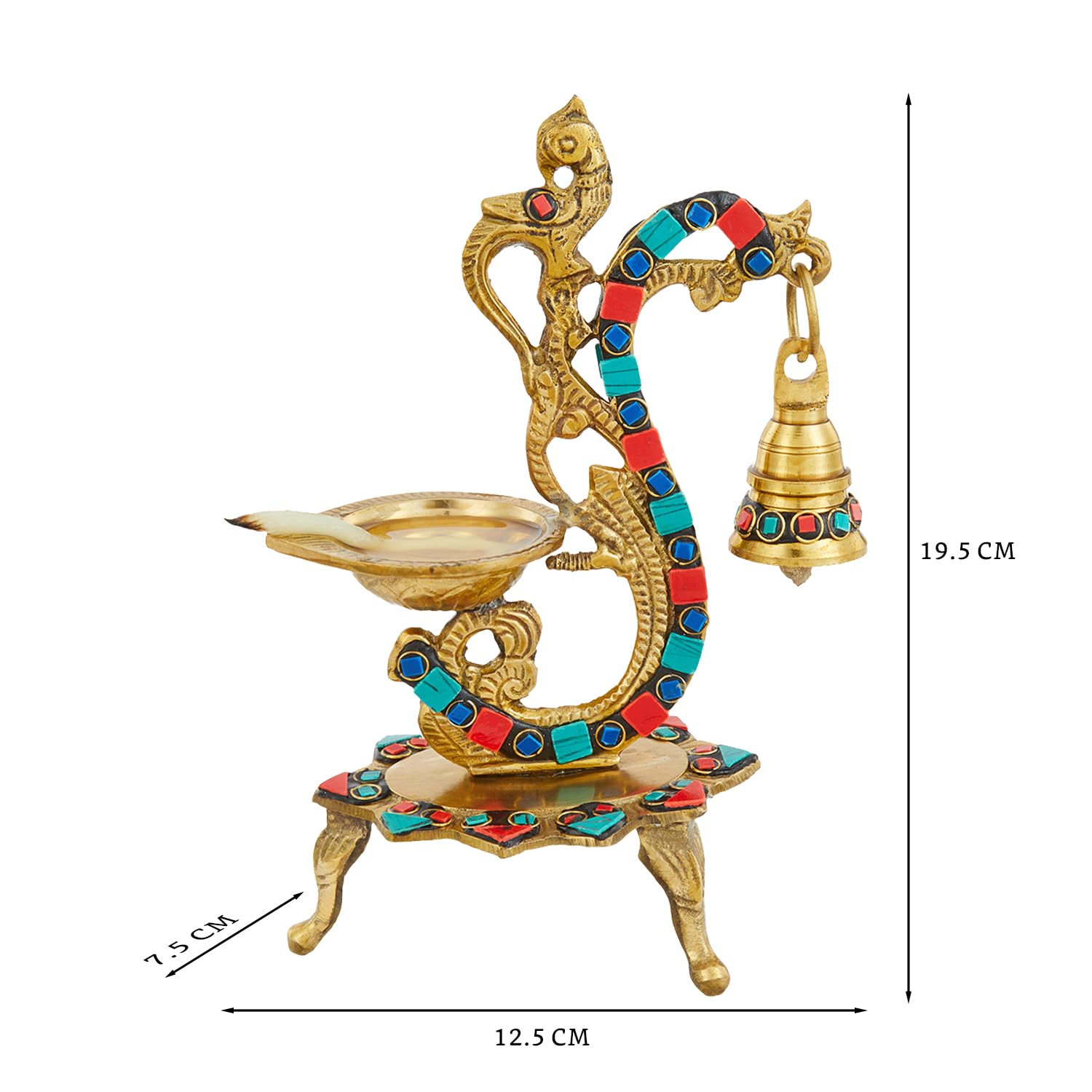 Gemstone Work Ethnic Carved Peacock Design 100% Pure Brass Diya with Bell