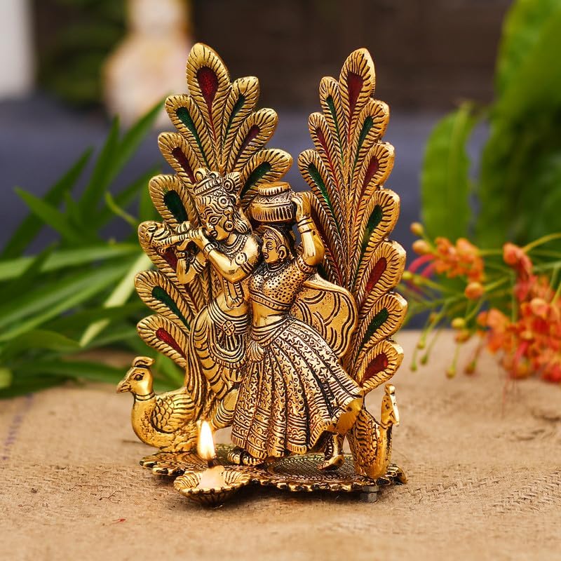 Brass-Colour Radha Krishna Figurine | Handcrafted Krishna Statue for Living Room, Pooja Room & Gifting