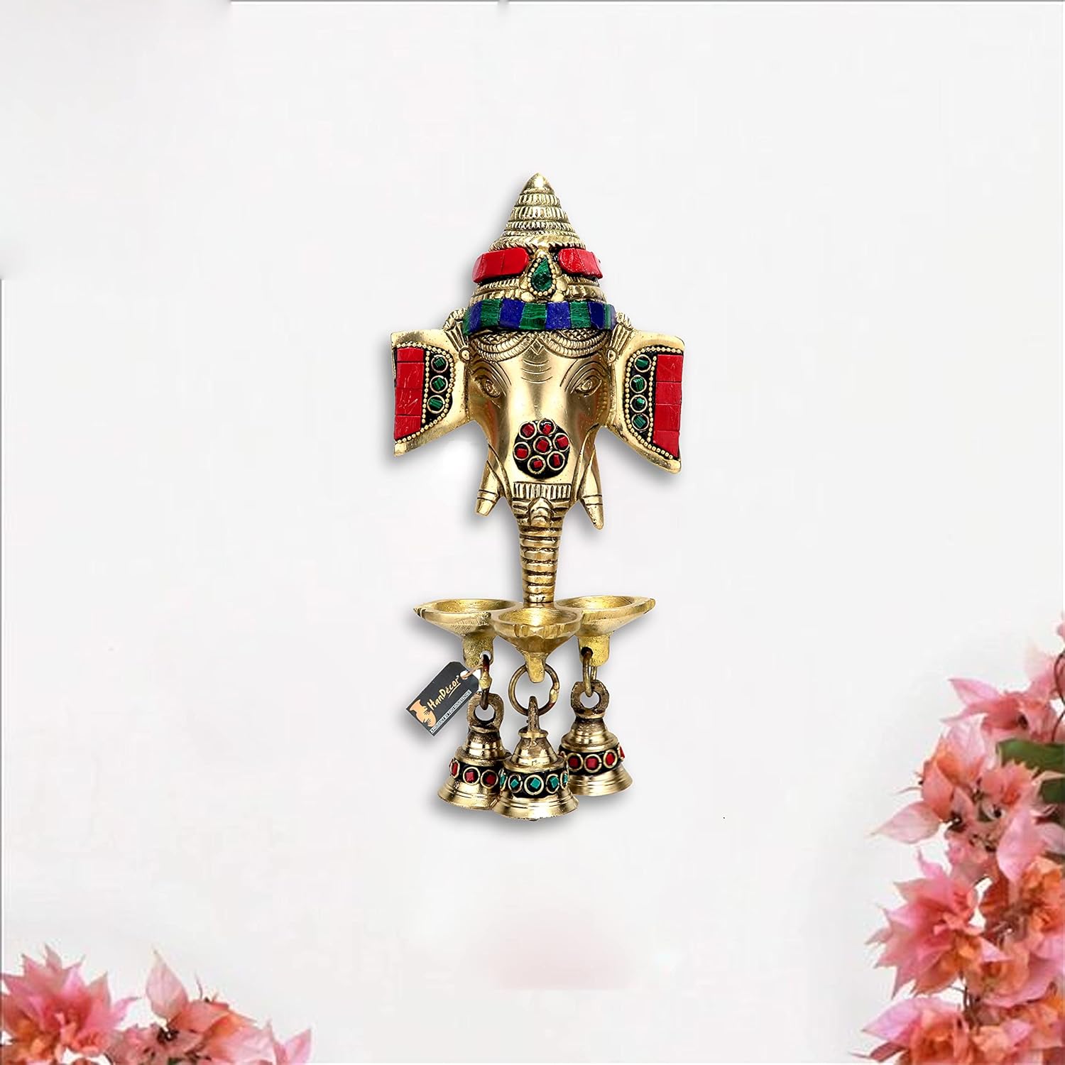 Traditional Brass and Gemstone Ganesha Wall Hanging Diya with Bells | Temple, Pooja & Home Decorative Accent