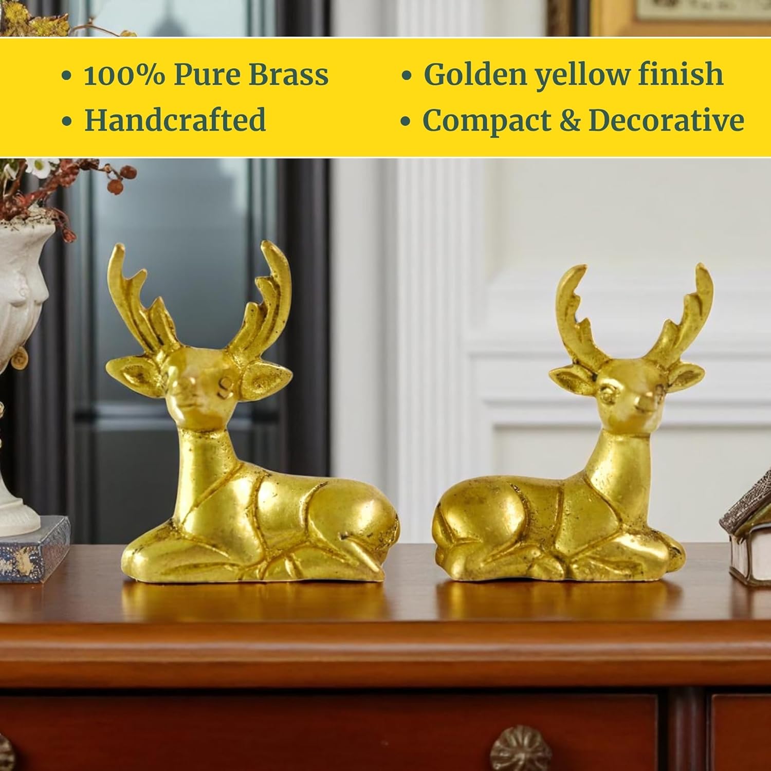 Solid Brass Deer Figurines Set for Home Décor | Handcrafted Indian Art Showpiece | Wonderful for Shelf, Table, and Gifting