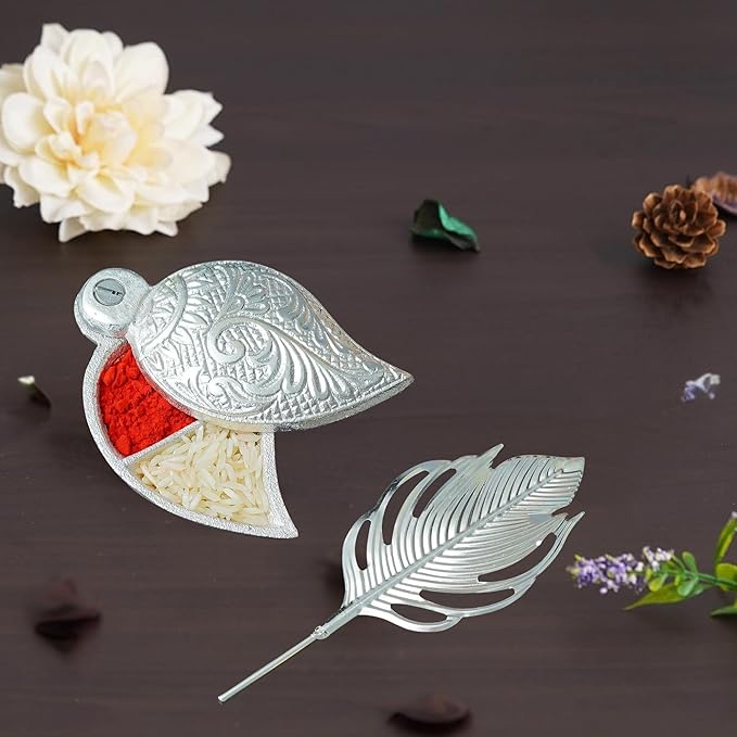 German Silver Sindoor Pot Set with Tilak Stick & Peacock Feather