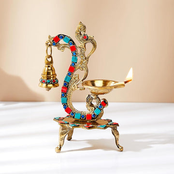 Gemstone Work Ethnic Carved Peacock Design 100% Pure Brass Diya with Bell