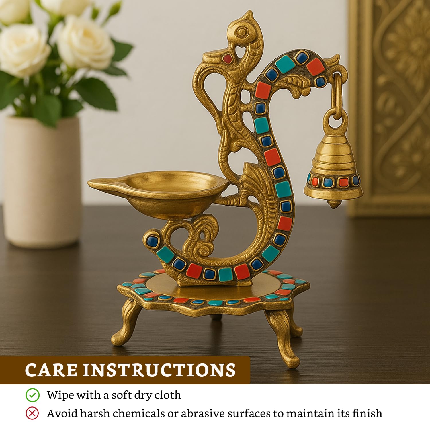Gemstone Work Ethnic Carved Peacock Design 100% Pure Brass Diya with Bell