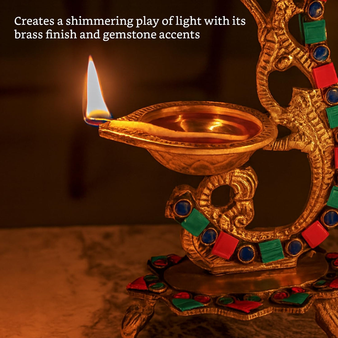 Gemstone Work Ethnic Carved Peacock Design 100% Pure Brass Diya with Bell