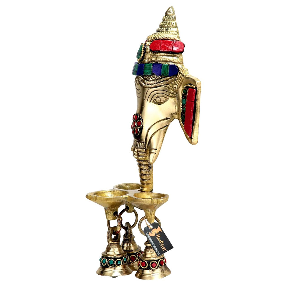 Traditional Brass and Gemstone Ganesha Wall Hanging Diya with Bells | Temple, Pooja & Home Decorative Accent