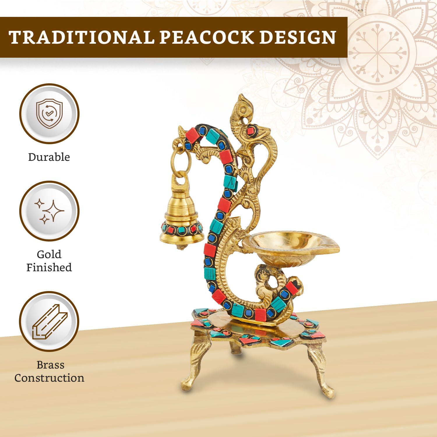 Gemstone Work Ethnic Carved Peacock Design 100% Pure Brass Diya with Bell