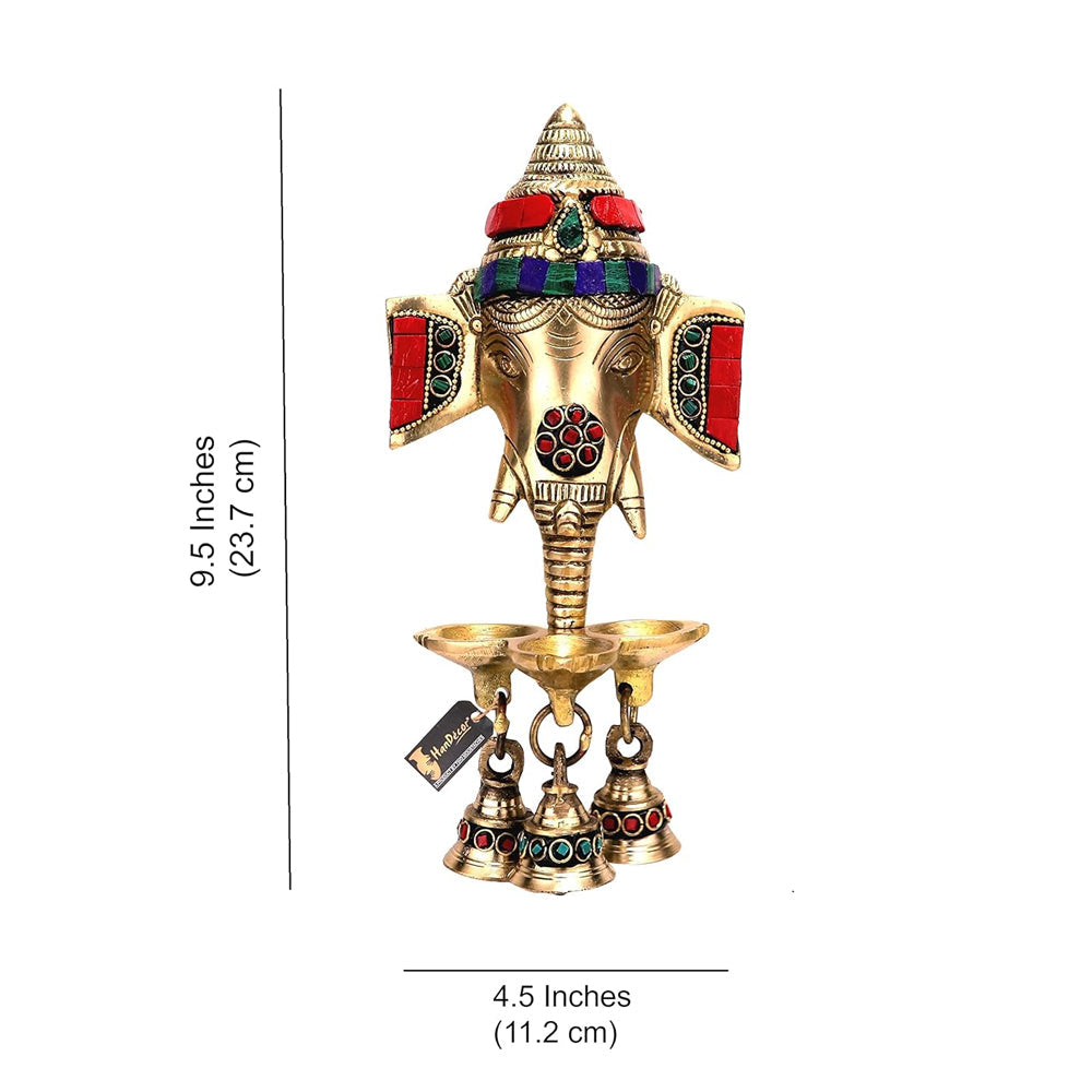 Traditional Brass and Gemstone Ganesha Wall Hanging Diya with Bells | Temple, Pooja & Home Decorative Accent