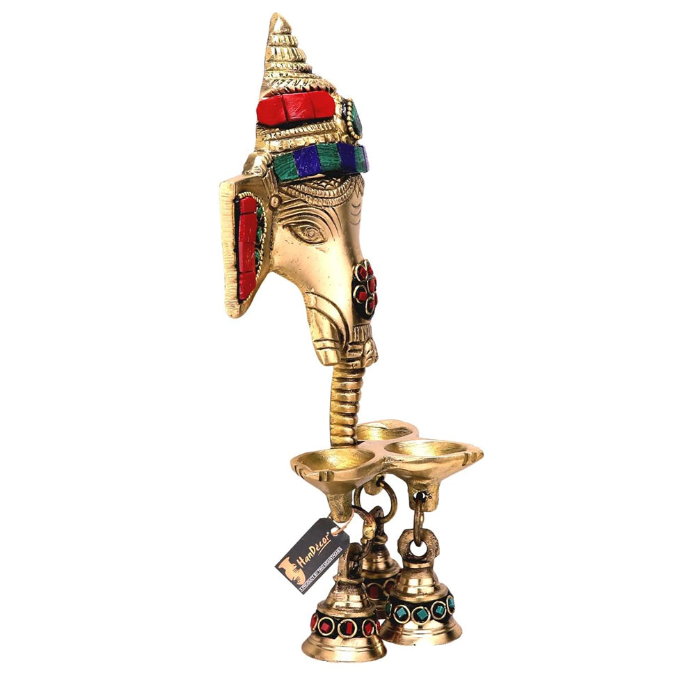 Traditional Brass and Gemstone Ganesha Wall Hanging Diya with Bells | Temple, Pooja & Home Decorative Accent
