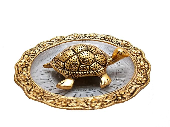 Feng Shui Golden Tortoise on Glass Plate for Good Luck Vaastu
