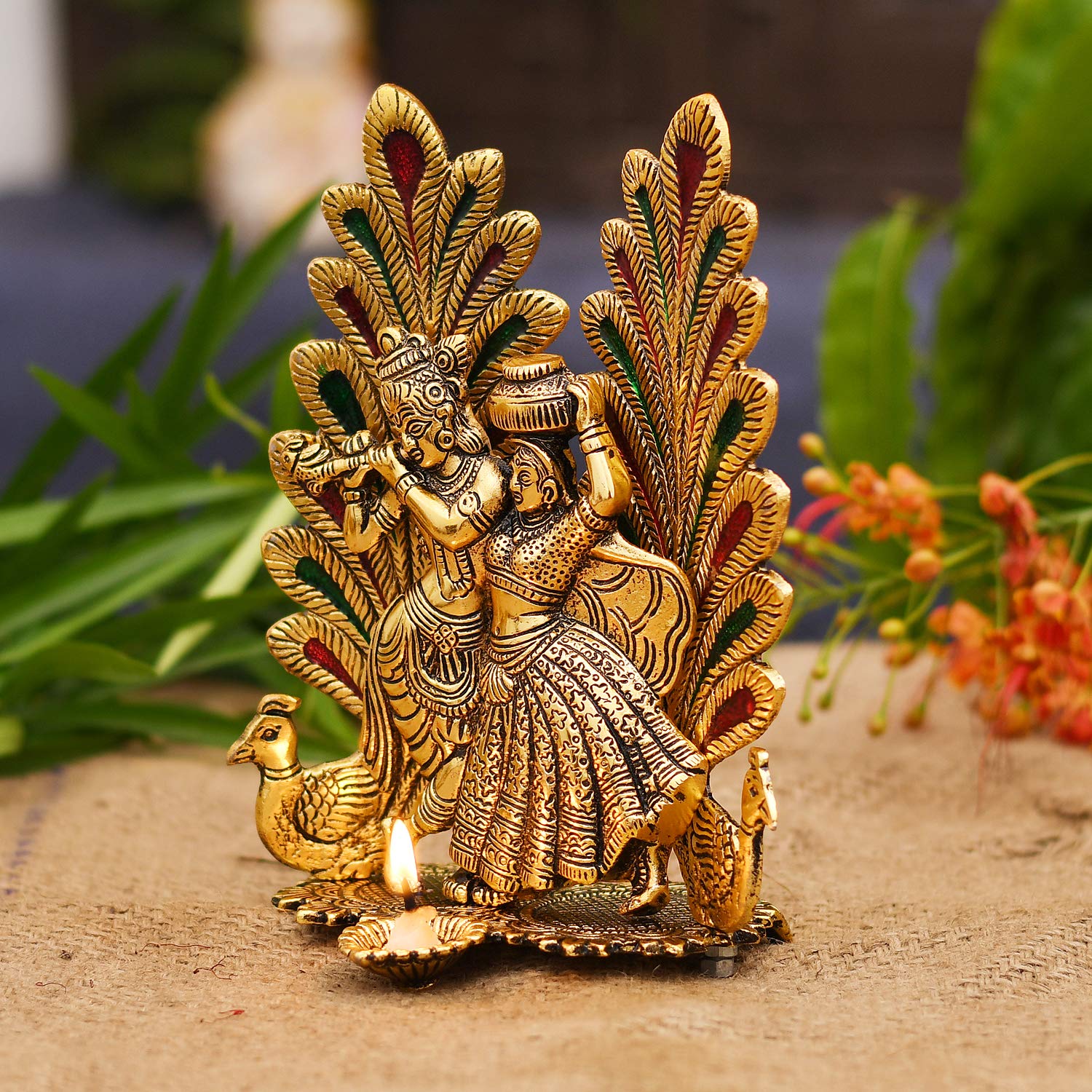 Brass-Colour Radha Krishna Figurine | Handcrafted Krishna Statue for Living Room, Pooja Room & Gifting