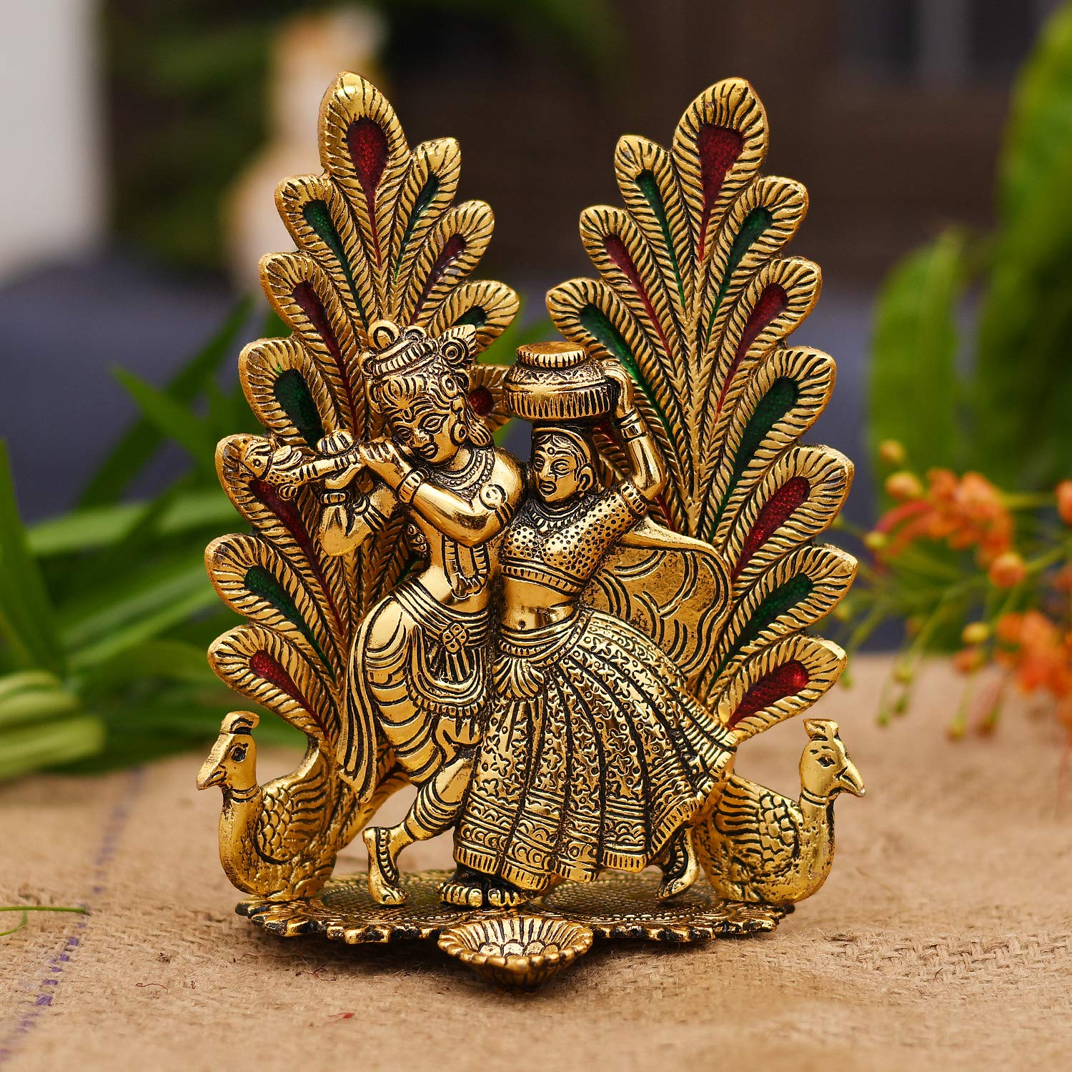 Brass-Colour Radha Krishna Figurine | Handcrafted Krishna Statue for Living Room, Pooja Room & Gifting