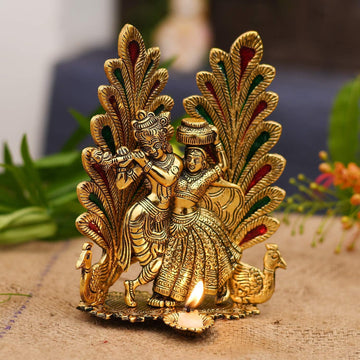 Brass-Colour Radha Krishna Figurine | Handcrafted Krishna Statue for Living Room, Pooja Room & Gifting