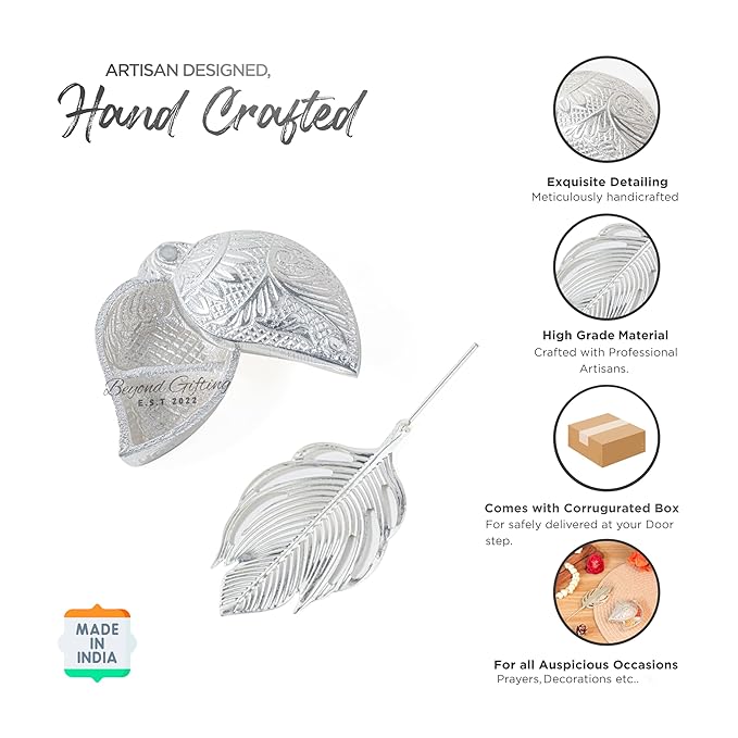 German Silver Sindoor Pot Set with Tilak Stick & Peacock Feather