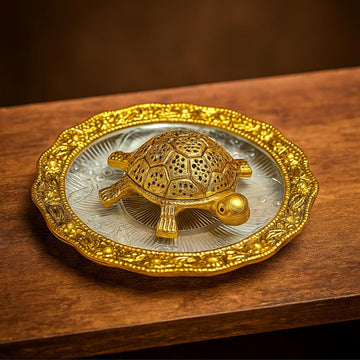 Feng Shui Golden Tortoise on Glass Plate for Good Luck Vaastu