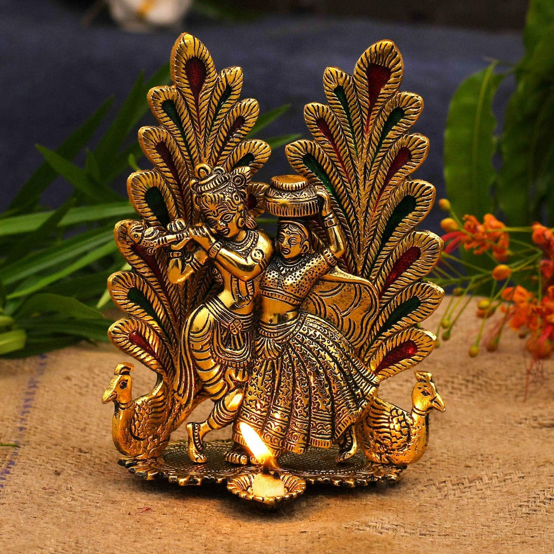Brass-Colour Radha Krishna Figurine | Handcrafted Krishna Statue for Living Room, Pooja Room & Gifting