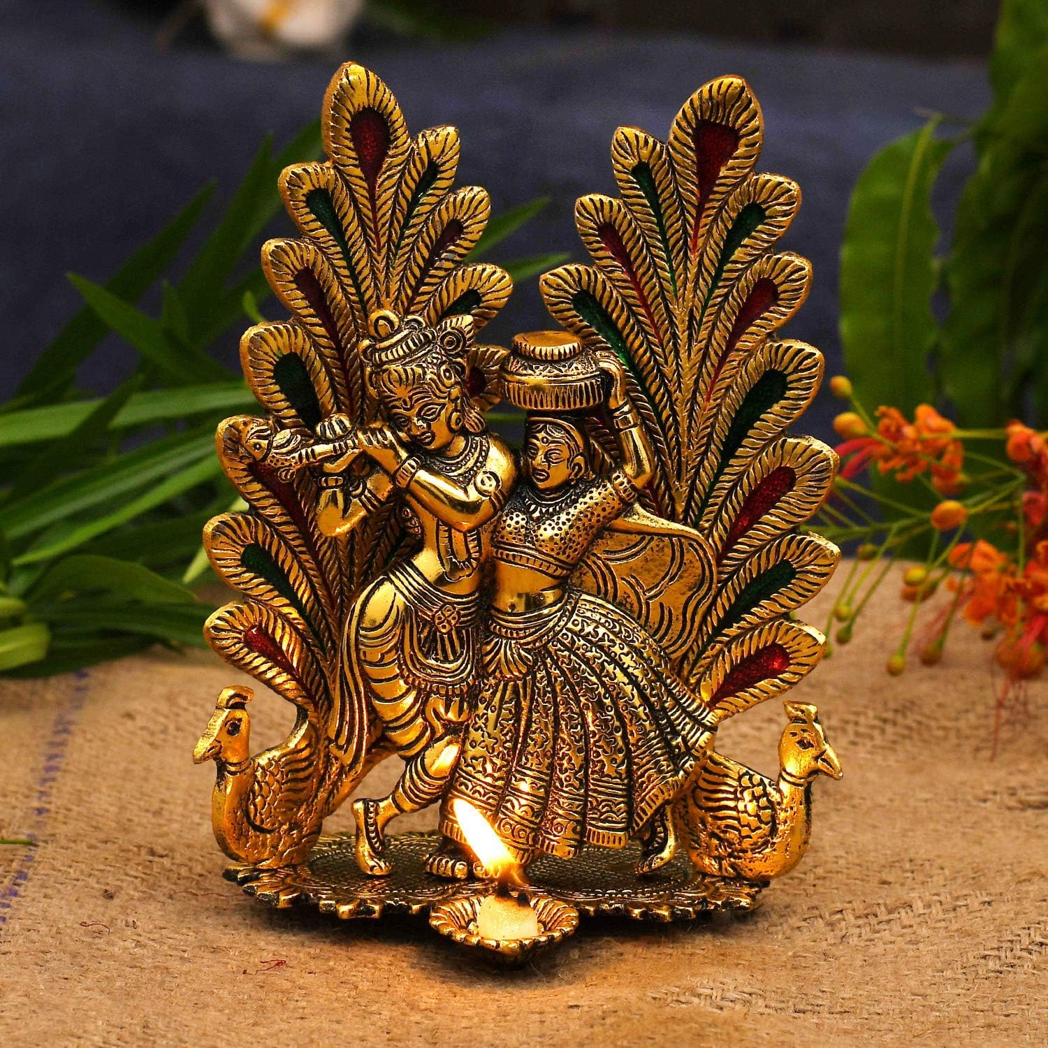 Brass-Colour Radha Krishna Figurine | Handcrafted Krishna Statue for Living Room, Pooja Room & Gifting