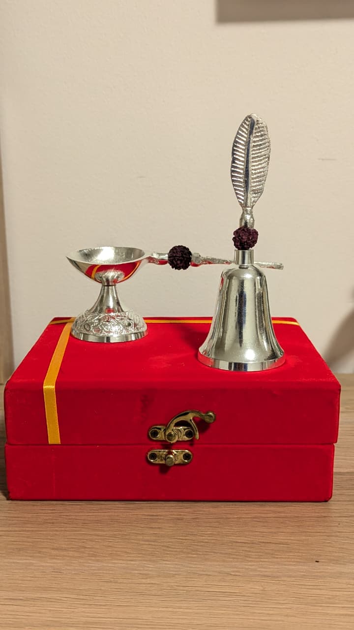 German Silver Bell & Diya Set with Velvet Box