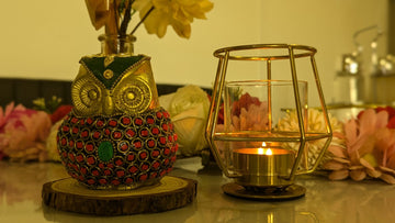 Handcrafted Brass Owl Idol with Colourful Gemstones