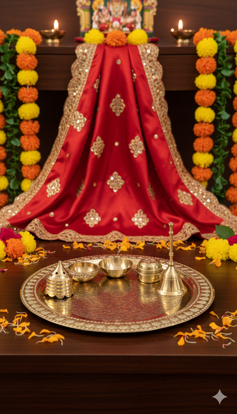 Brass Pooja Thali Set with Diya & Bell
