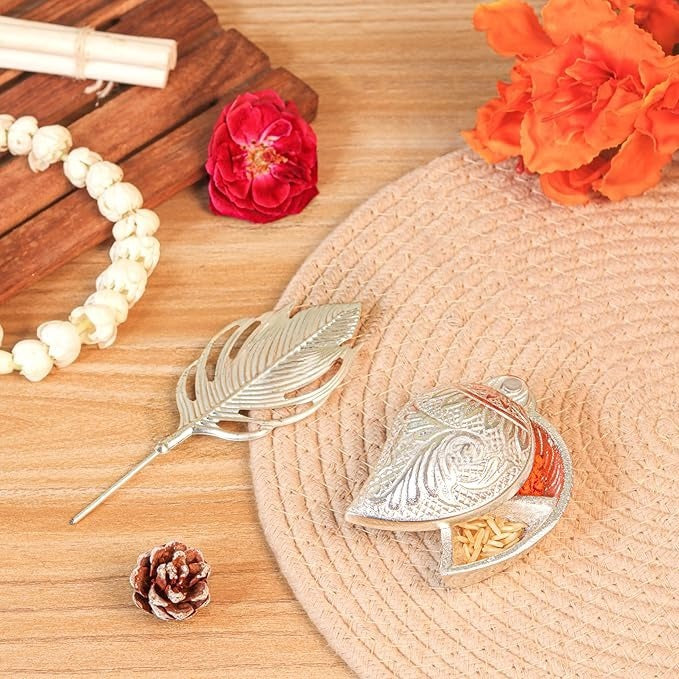 German Silver Sindoor Pot Set with Tilak Stick & Peacock Feather