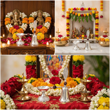 German Silver Bell & Diya Set with Velvet Box