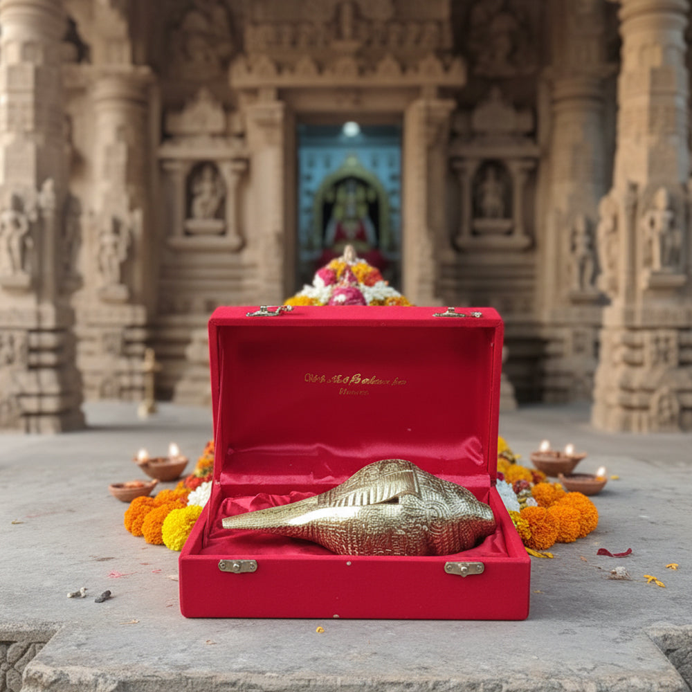 Golden Brass Ganesha Shankh – Auspicious Decorative Conch for Home Décor