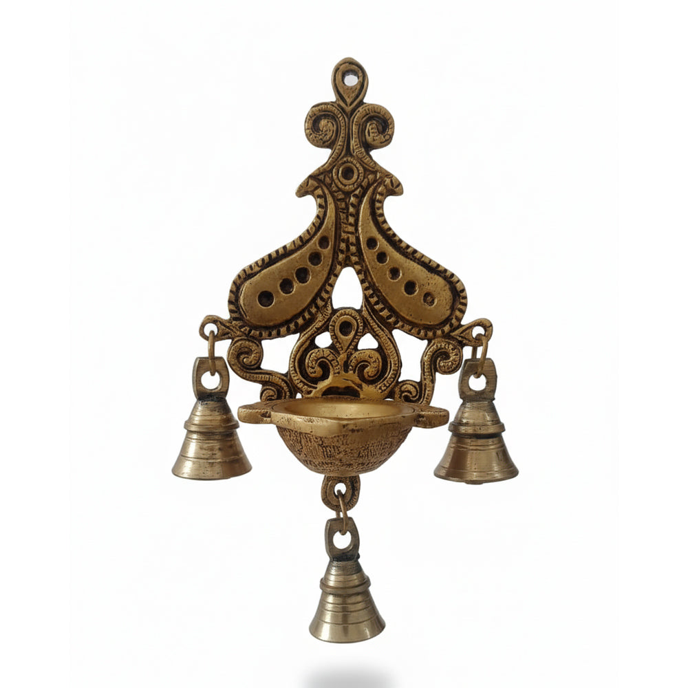 Brass Antique Deepak with Hanging Bell | Decorative Diya for Mandir & Living Room