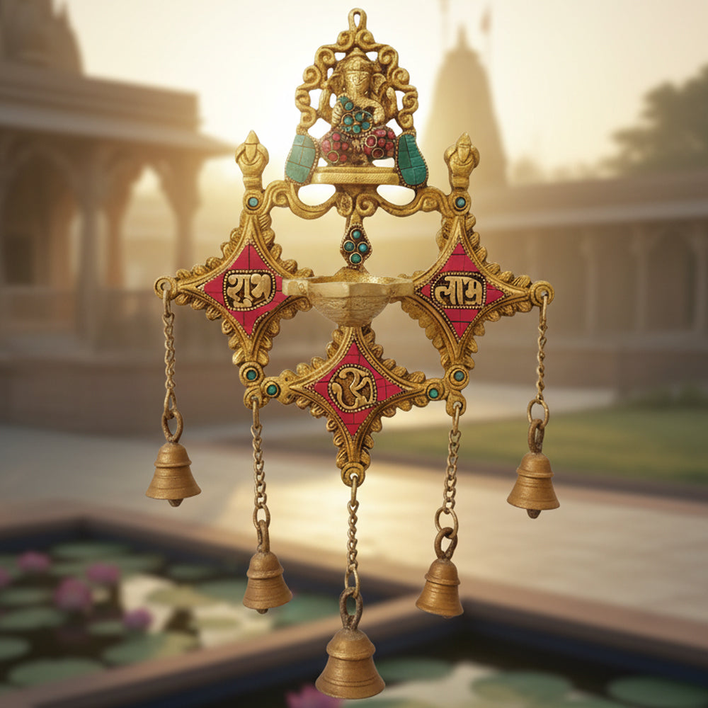 Decor Divine Gemstone Brass Ganesha Wall Hanging | Auspicious Bells for Home & Pooja Room