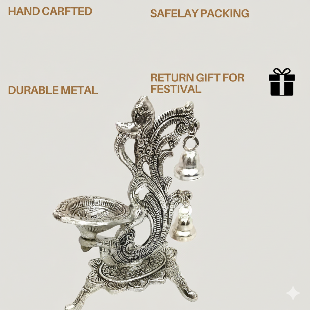 Silver Peacock Diya with Bell – Elegant Traditional Decorative Diya Stand