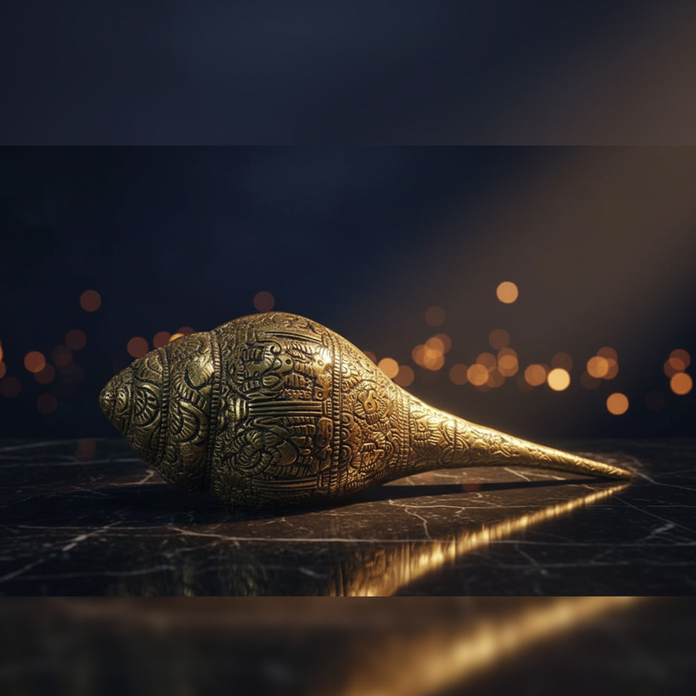 Golden Brass Ganesha Shankh – Auspicious Decorative Conch for Home Décor