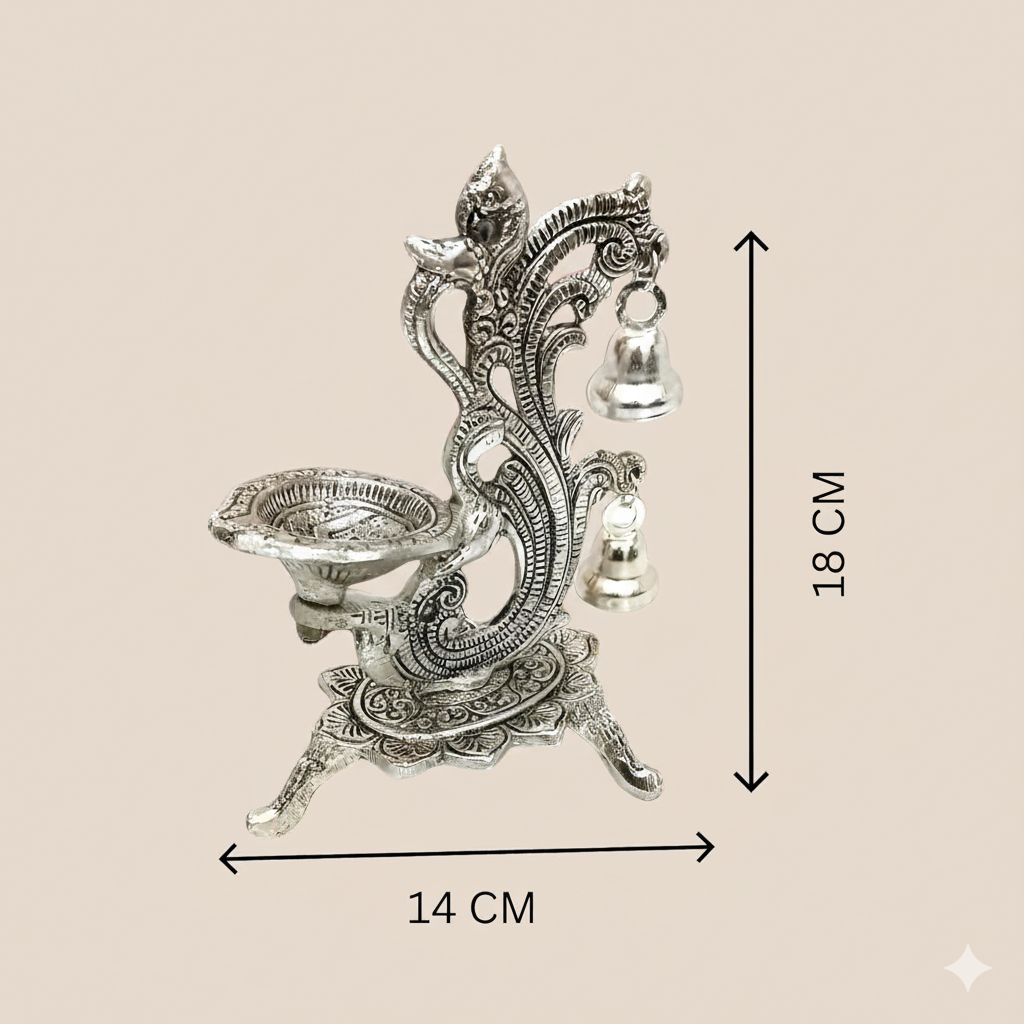 Silver Peacock Diya with Bell – Elegant Traditional Decorative Diya Stand