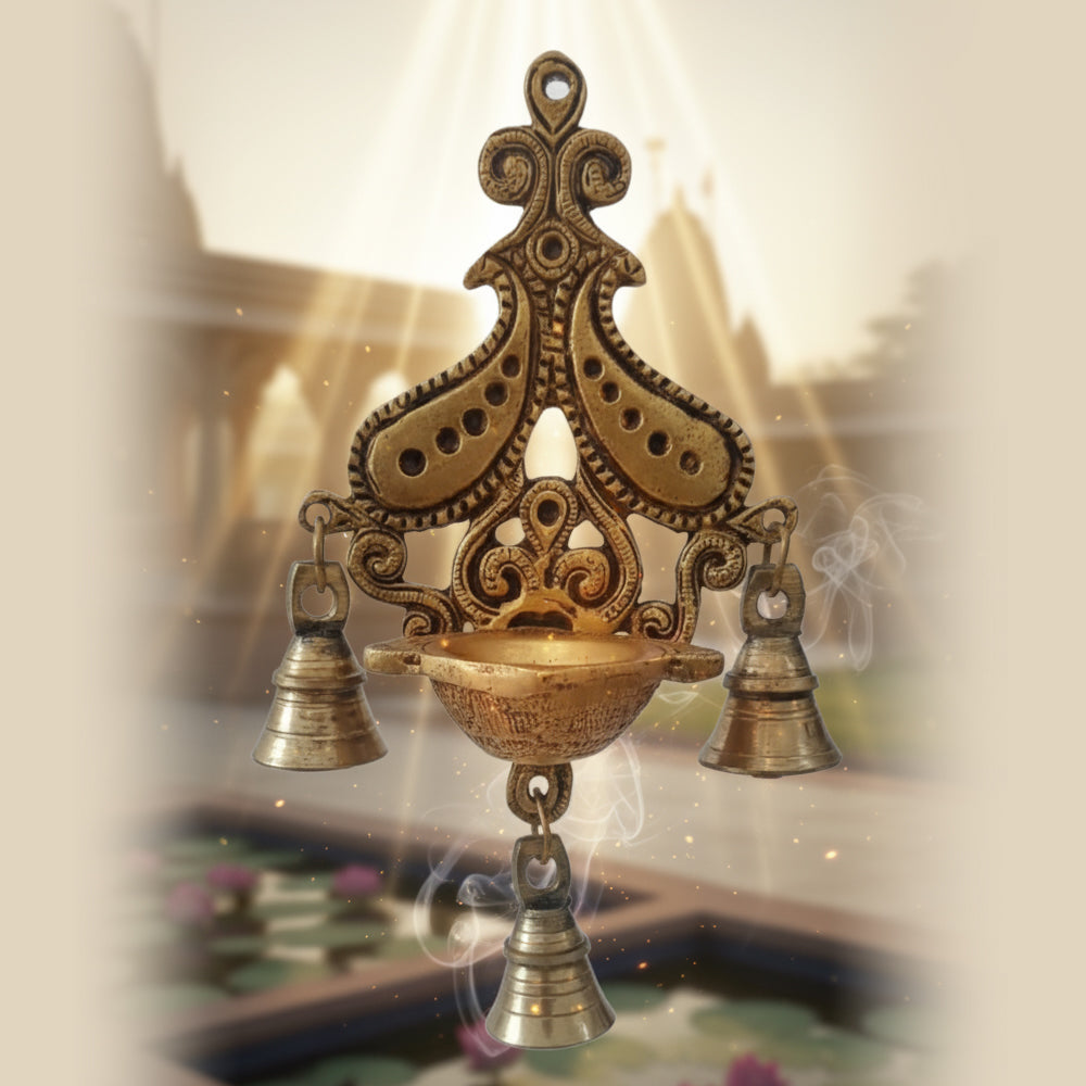 Brass Antique Deepak with Hanging Bell | Decorative Diya for Mandir & Living Room