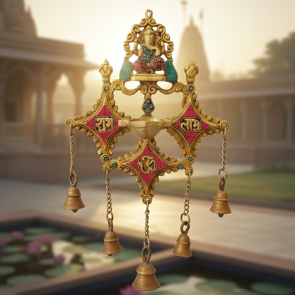 Decor Divine Gemstone Brass Ganesha Wall Hanging | Auspicious Bells for Home & Pooja Room