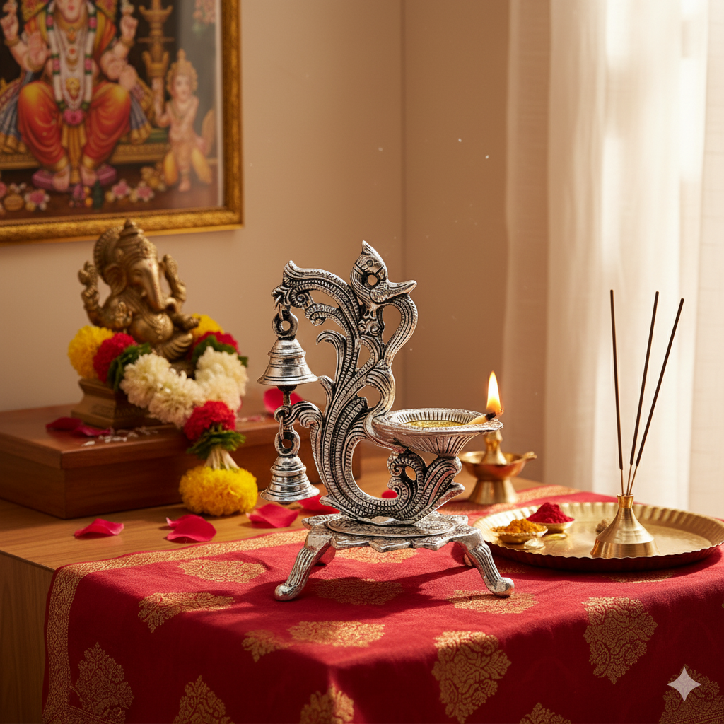 Silver Peacock Diya with Bell – Elegant Traditional Decorative Diya Stand
