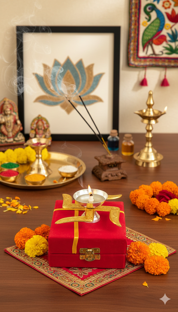 Swastik Diya with Red Velvet Box – Auspicious Pooja Lamp