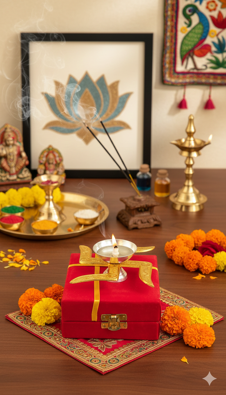 Swastik Diya with Red Velvet Box – Auspicious Pooja Lamp