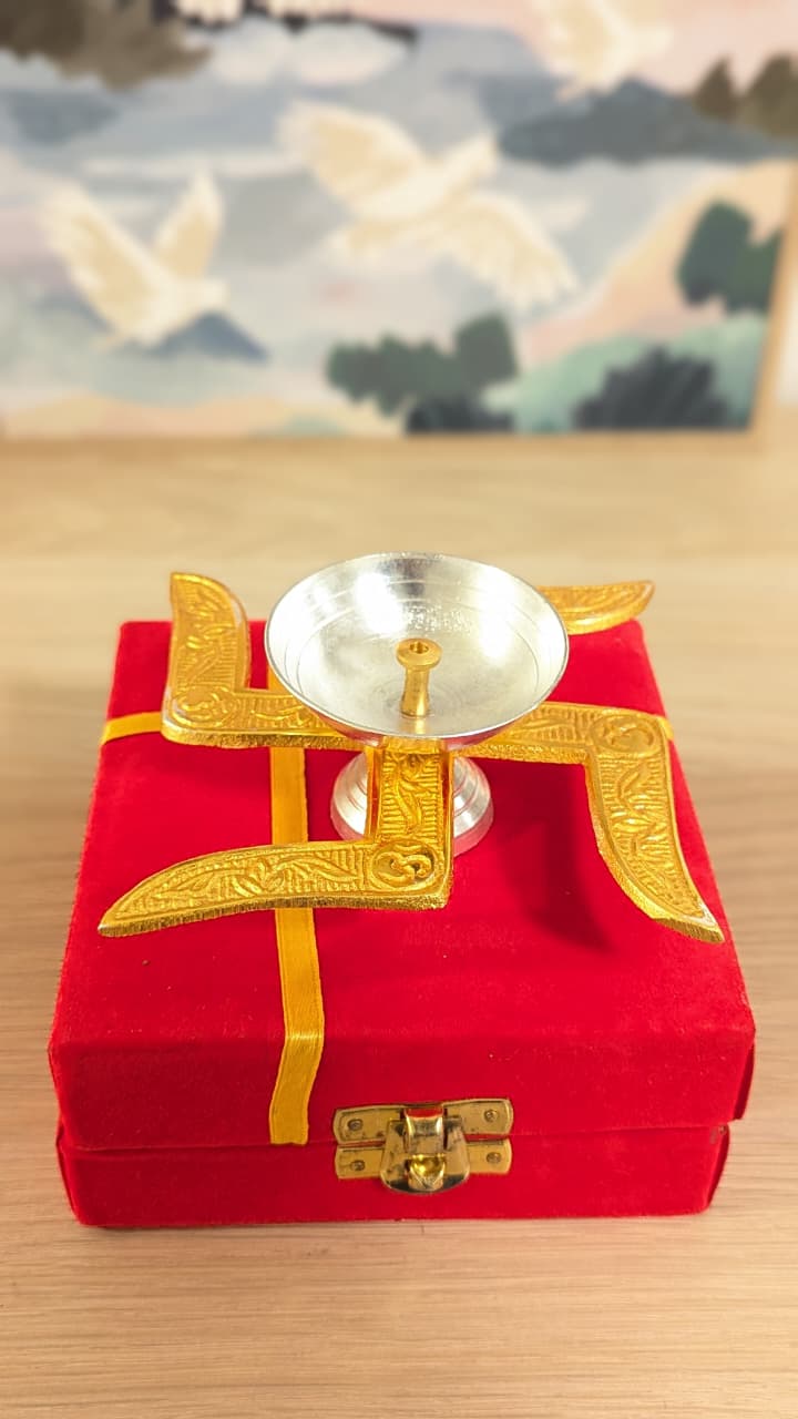 Swastik Diya with Red Velvet Box – Auspicious Pooja Lamp
