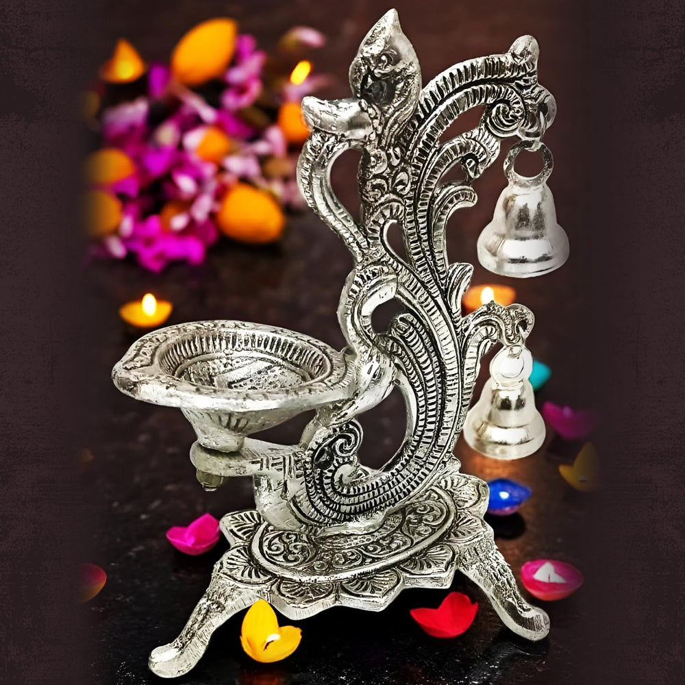 Silver Peacock Diya with Bell – Elegant Traditional Decorative Diya Stand
