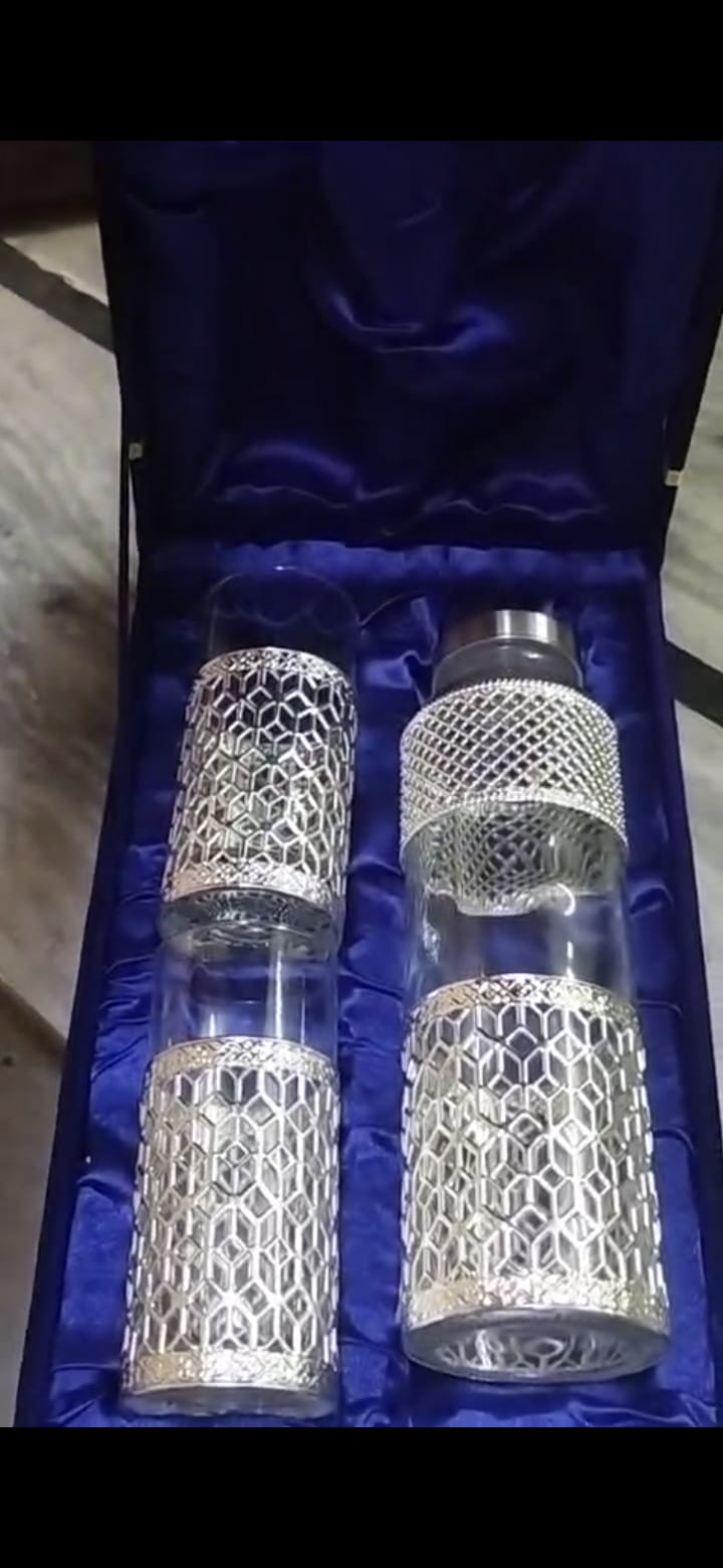 German Silver Water Bottle & 2 Glasses Set in Velvet Box