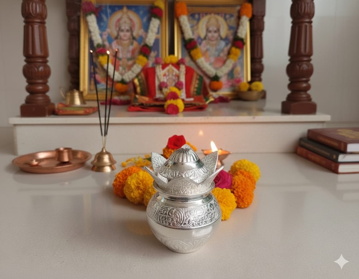 Premium German Silver Kalash in Velvet Box for Pooja & Gifting