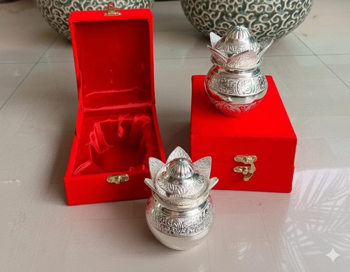 Premium German Silver Kalash in Velvet Box for Pooja & Gifting