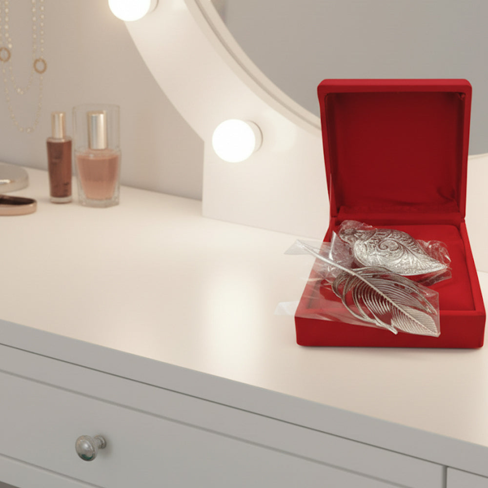 German Silver Sindoor Pot Set with Tilak Stick & Peacock Feather